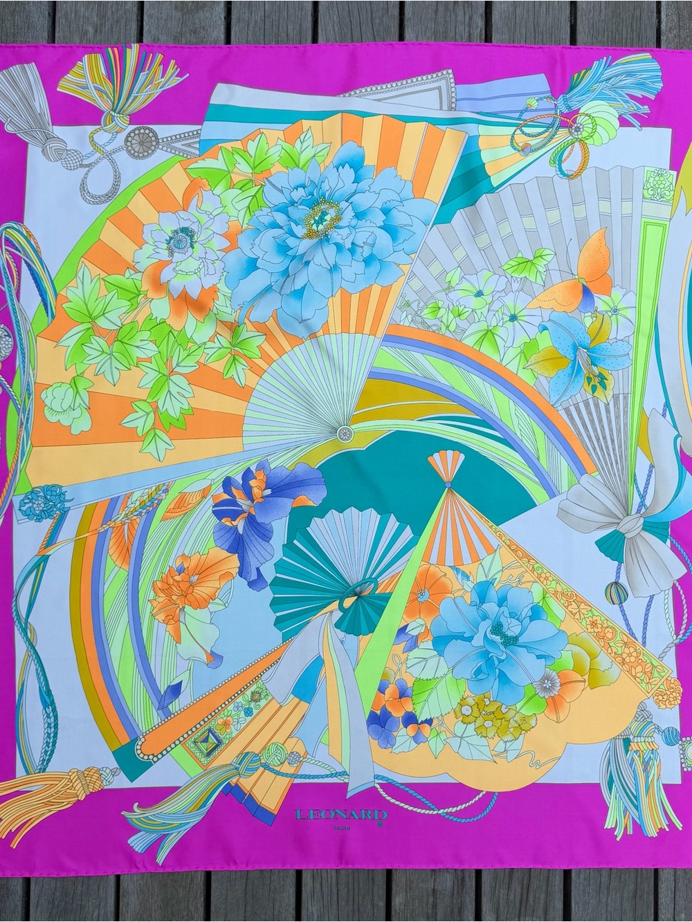 LEONARD PARIS Authentic Silk Scarf - Vibrant Floral Geometric Pattern in Fuchsia